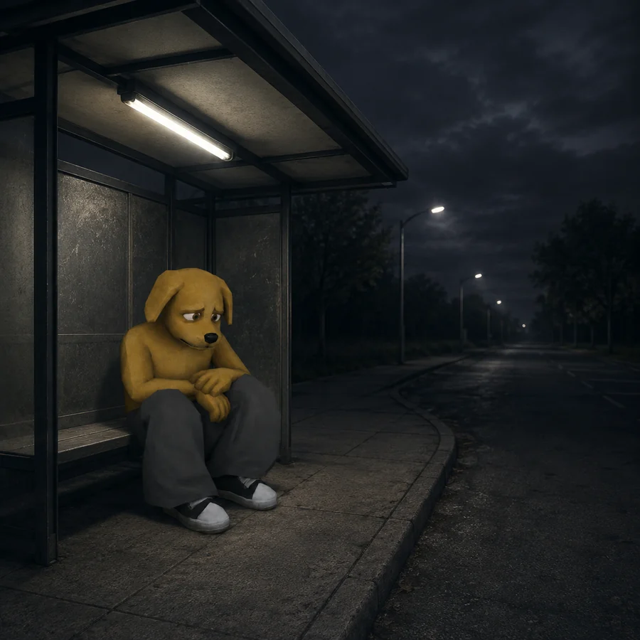 Slumpy alone at a bus stop at night