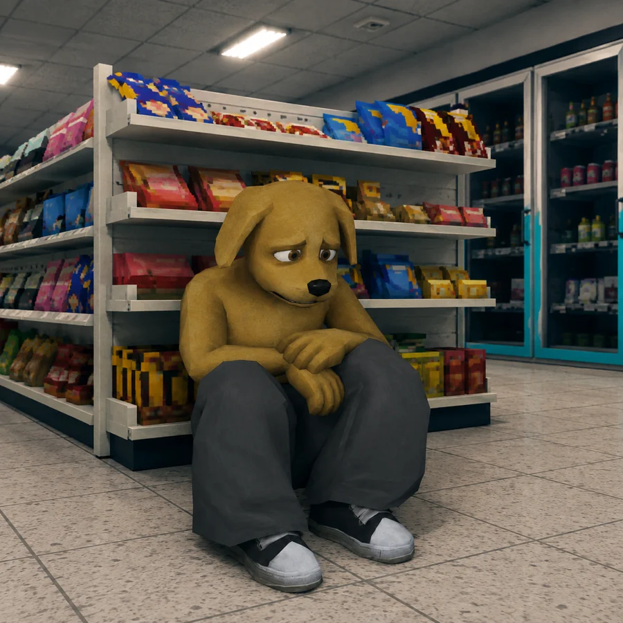 Slumpy sitting on the floor of a late night shop