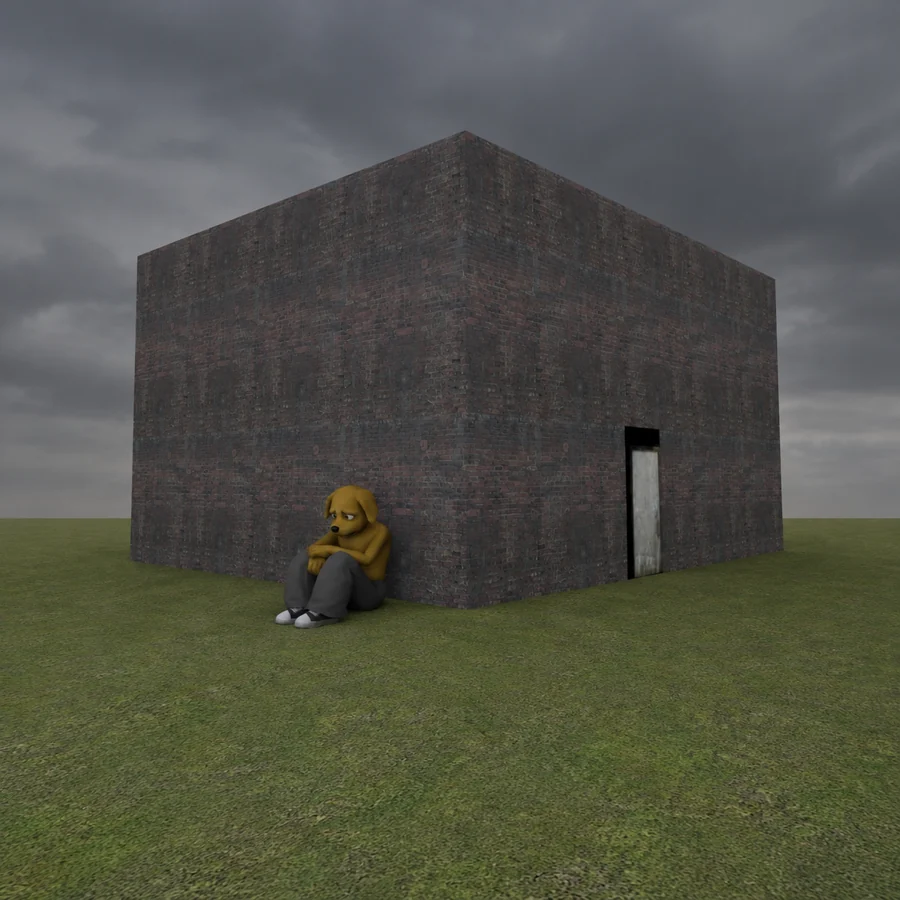 Slumpy sitting against a brick wall under a grey sky